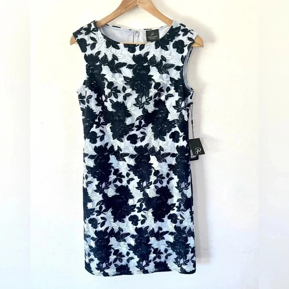 Adrianna Papell Two-Tone Embroidery Floral Lace Overlay Sheath Dress Size 4, NWT - Picture 3 of 11